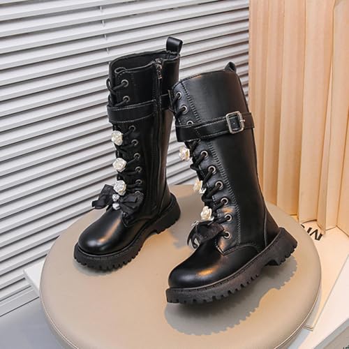 Girls Combat Boots Bow Lace Up Mid Calf Riding Boots PU Leather Side Zipper Buckle Lug Sole Goth Boot 4-11 Years3
