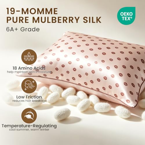 Image of THXSILK Natural Mulberry Silk Pillowcase for Hair and Skin, Grade 6A+ Dual-Sided Silk Pillow Case with Hidden Zipper, King Size 20 inchx36 inch Silk Pillow Case, 1pc, Pink Lipprint