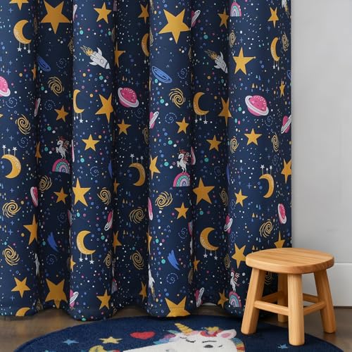 Image of Navy Blue Star Moon Theme Blackout Curtains 84 Inches Long for Boys Bedroom