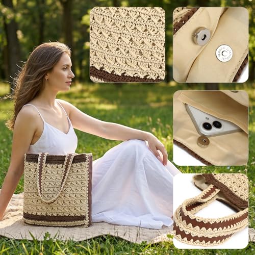 Image of Bycobecy Woven Tote Bag for Women, Summer Beach Bag Large Crochet Shoulder Purse Handbag Boho Knit Bag for Summer Travel
