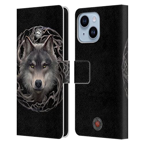 Étui portefeuille iPhone 14 Plus Loups Forêt de Nuit par Anne Stokes en cuir