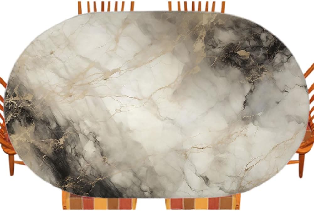 Marble Oval Fitted Tablecloth, Marble Texture Background, for Kitchen Dining, Party, Holiday, Christmas, Buffet, Fits 48" x 68" Table