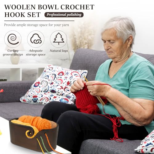 Image of Wooden Yarn Bowl, Yarn Bowls for Crocheting, Large Crochet Yarn Holder w 9pcs Knitting Hooks, Oval Wood Knitting Bowl, Yarn Storage Crochet Bowl for Crocheting and Knitting Lovers 11.2x6x4.7inch