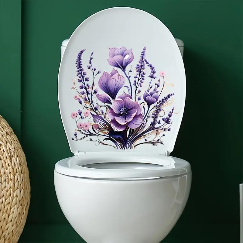 Merry Christmas Purple Floral Flower Basket Toilet Cover Sticker Decals, Tortoise Seaseed Fish Ocean Waterproof Toilet Lid Tank Seat Decals Cistern Self-Adhesive Bathroom Wall Sticker