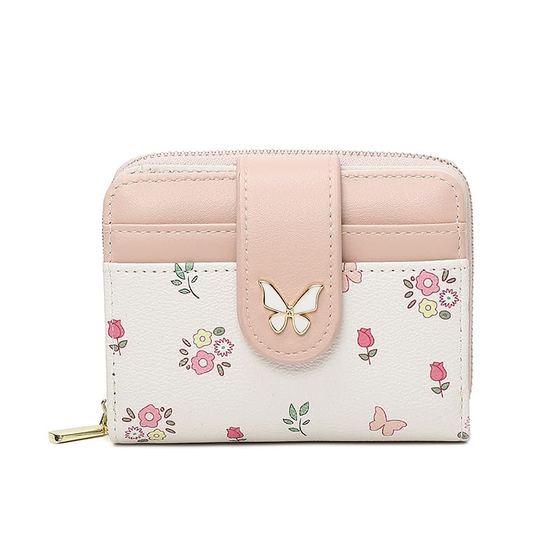 AdiStylinno Wallet for Women, Compact PU Leather Wallet Cute Butterfly Snap Card Holder with Front Pocket and Zipper Pocket (Pink)