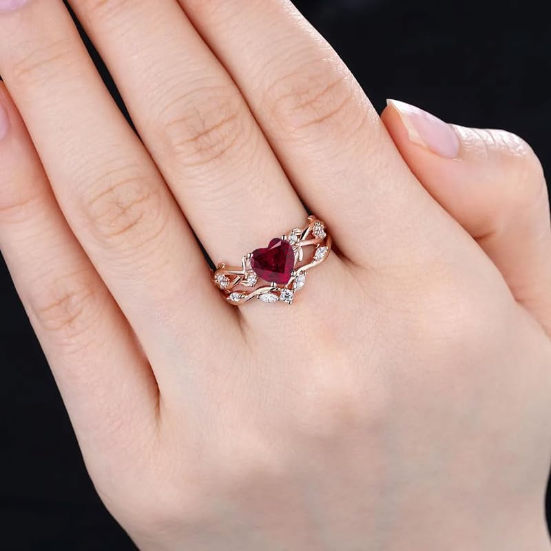 10K 14K 18K Gold Leaf Vine Heart Shaped Gemstone Wedding Ring Sets for Women with Moissanites/Diamonds 1.2 Carat Gemstone Ring Set for Her Size 3-16 - Image 5