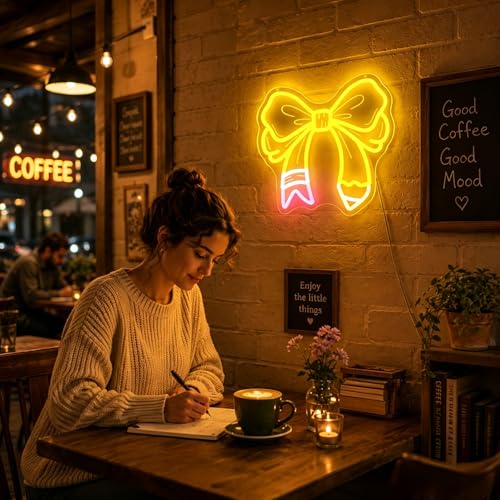Image of Bow Pencil Neon Sign for Wall Decor Classroom Dimmable Led Neon Lights Light Up Signs for Classroom Gift Decoration USB Powered