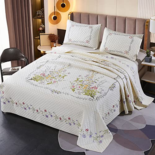 Vctops 3 Pieces Embroidered Cotton Quilted Bedspread Coverlet Set Oversize Queen Reversible Flowers Leaves Botanical Design 1 Quilt And 2 Pillow Shams (Floral,120"X118") #TOP1