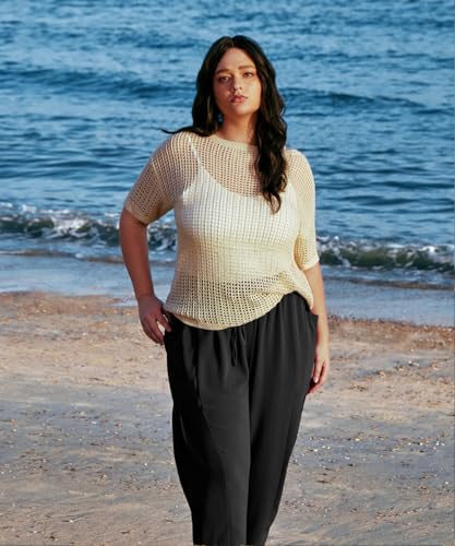 CARCOS Plus Size Pants Womens Summer Palazzo Pants Drawstring Wide Leg Harem Beach Pant with Pockets Vacation Outfits XL-5XL2