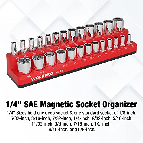 Image of WORKPRO Magnetic Socket Organizer, 1 /4-Inch SAE Socket Holder | Hold 26-Piece Sockets, Suitable for Standard and Deep Socket, Magnetic Base, No Scratches Installation, Sockets not Included