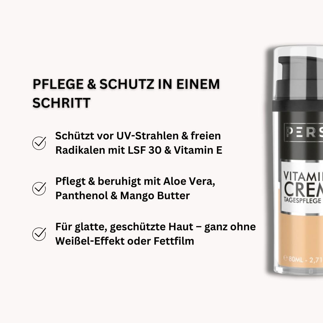 PERSH Vitamin E Tagescreme LSF 30 80ml - Anti-Aging Schutz vor UVA/UVB/IR-A/Blaulicht-Strahlen | Vegane & hautgesunde Formel | Make-up Grundlage | Clean Beauty