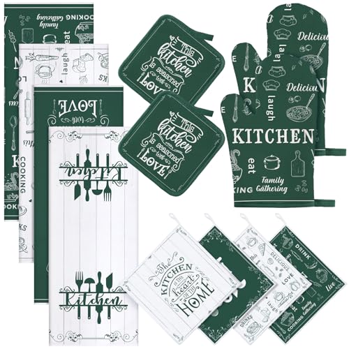 12 Pcs Farmhouse Kitchen Decor and Accessories Sets 4 Green Kitchen Towels 4 Absorbent Dishcloths 2 Pot Holders 2 Oven Mitts Gloves for Home Decorations Mom Gifts