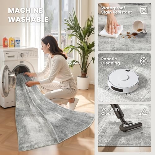 zesthome Washable Runner Rug 2x6, Runners for Hallways, Non Slip Kitchen Runner Rugs, Soft Abstract Entryway Runners, Ultra-Thin Stain Resistant Rug for Bedside, Laundry, Corridor (Grey/Ivory, 2'x6')