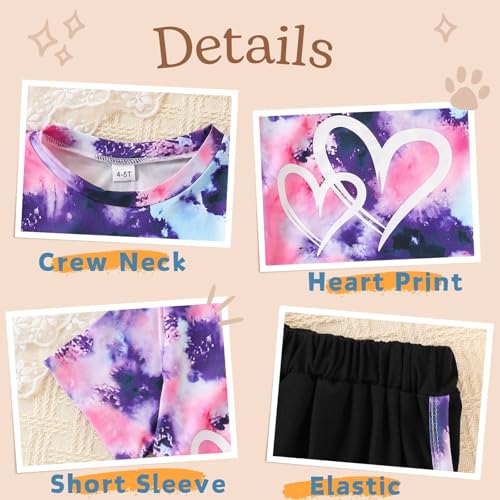 Image of Kids Girl Clothes Tie Dye Heart Print Short Sleeve Top and Shorts Toddler Girl Summer Outfits Short Set