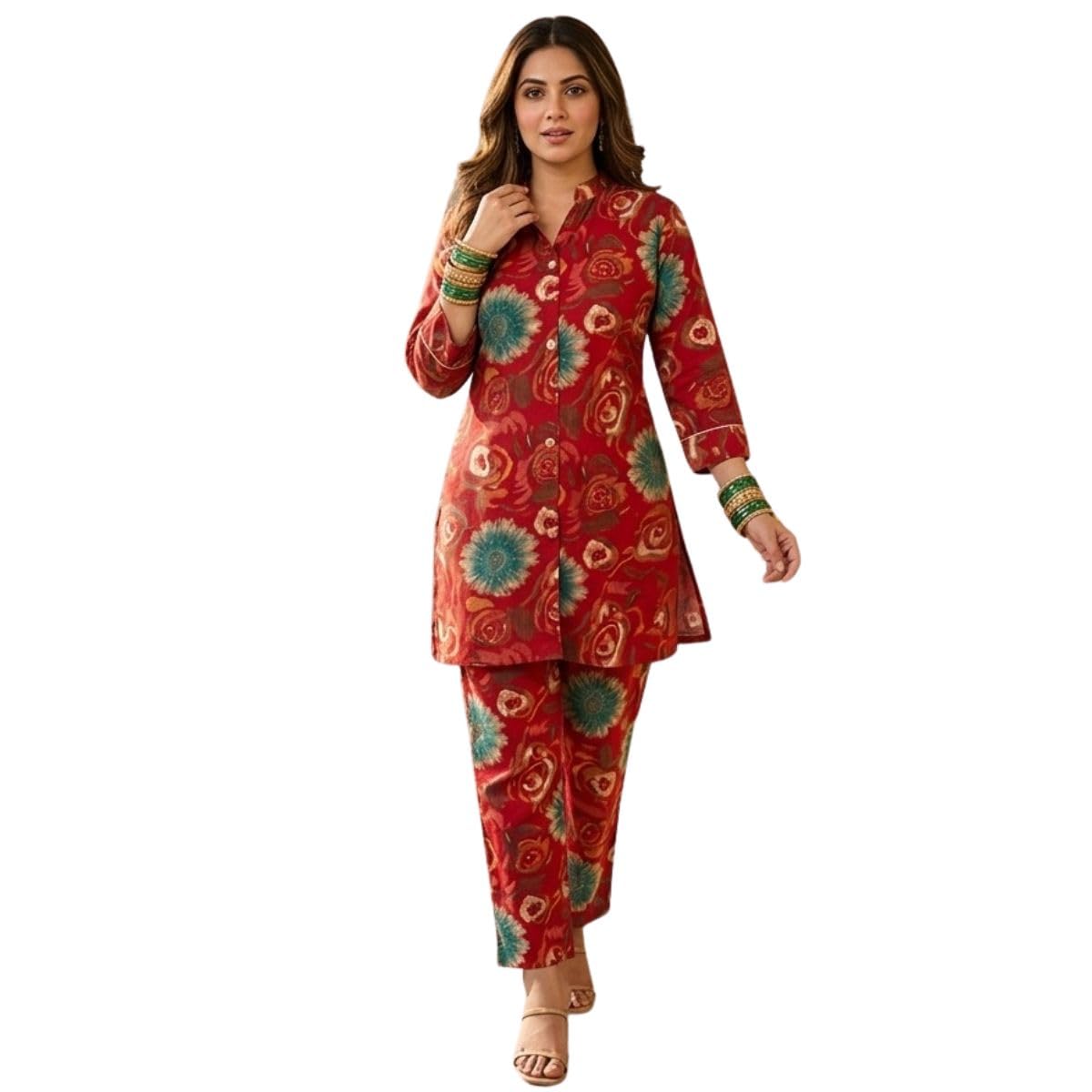 Women Rayon Co-Ord Set with Button Top & Palazzo Pants – Stylish Matching Outfit with Pocket, Comfortable Casual Wear Set for Daily & Party (IN, Alpha, 2XL, Red)-image-19