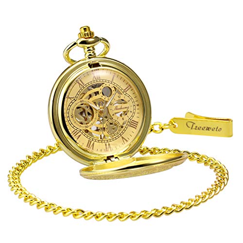 Reloj de bolsillo mecánico de engranajes bronce steampunk con cadena unisex 3