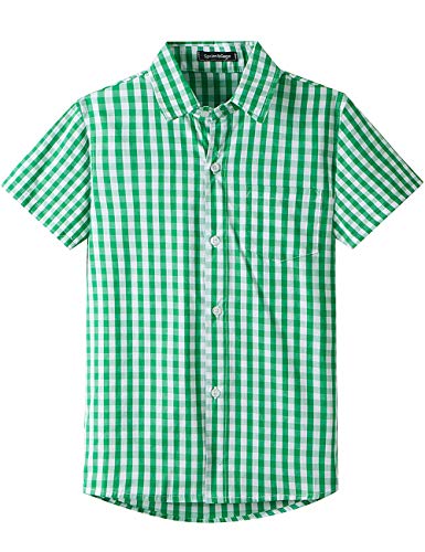 Spring&Gege Boys' Short Sleeve Poplin Button Down Shirt Cotton Plaid Uniform Dress Shirts, Green Large Check Gingham, Size 9-10 Years