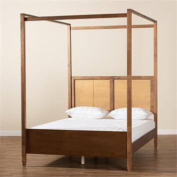 BOWERY HILL 80 W x 85 D Modern Wood & Rattan King Size Canopy Bed with Woven Headboard, Assembly Required, in Walnut Brown Finish