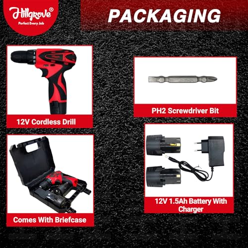 Image of Hillgrove Electric Rechargeable Wireless Mini Cordless Charging Screw Drilling Wall Hole Battery & Charger Power Drill Machine Kit Set for Home Use (4, RED, 12, Volts (DC))
