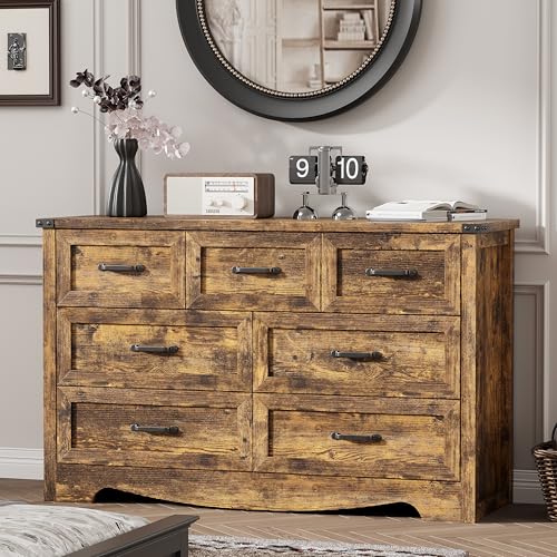 Image of Dresser for Bedroom with 7 Drawers, 48 inch Wide Wood Chest of Drawers with Deep Drawers & Mental Handle, Modern Dresser TV Stand, Wooden Closet Storage Organizer for Living Room, Hallway, Entryway, Brown