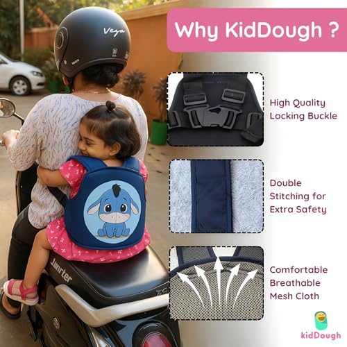 Image of KidDough Baby Safety Belt for Kids | Two Wheeler Bike /Scooty Belt for Kids Safety, Child Harness Safety Belt with Adjustable Baby Carrier for Toddlers & Baby (Cartoon Blue)
