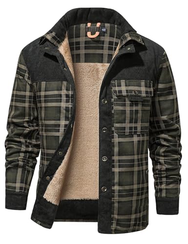 Gihuo Men's Long Sleeve Sherpa Lined Shirts Outdoor Warm Flannel Plaid Jacket Button Down Fleece Coats