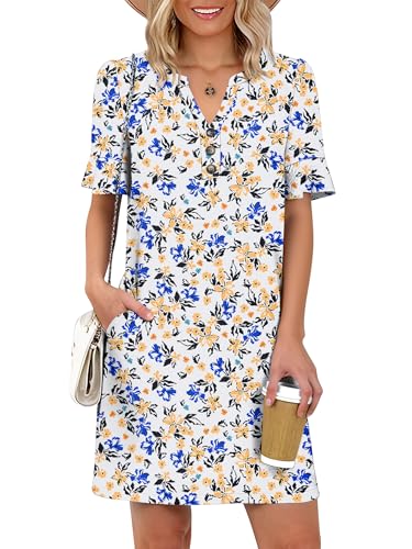 Image of Prinbara Womens Summer Casual Dresses Ruffle Short Sleeve V Neck Button 2026 Spirng Vacation Beach Loose Boho Shift Dress