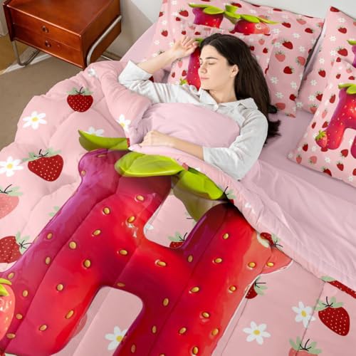 Image of Feelyou Girls Strawberry Full Comforter Set with Sheets for Kids Boys Girls Pink Strawberry 7 Pieces Bedding Set Initial Letter H Bed in a Bag Room Decor Soft Lightweight Microfiber