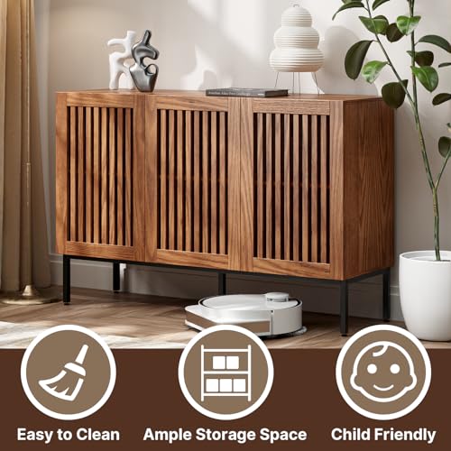 BVIUNTWO Storage Cabinet,47.2\" Farmhouse Buffet Cabinet with Metal Base and Adjustable Shelves,Sideboard Coffee Bar Cabinet with 3 Doors for Kitchen,Dining Room,Living Room,Brown