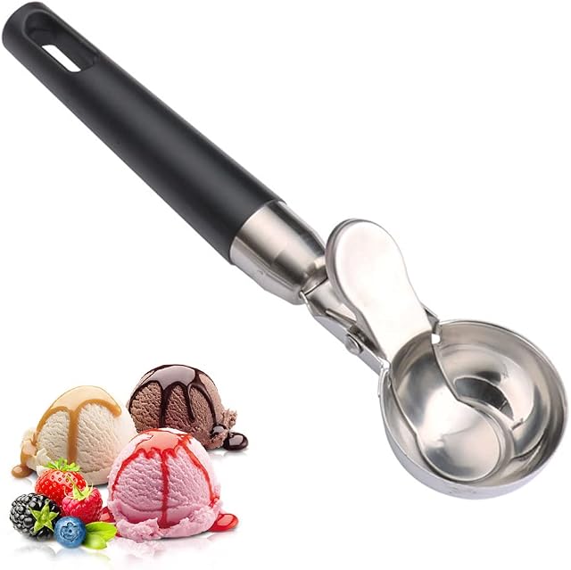 Ice Cream Scoop - Solid Stainless Steel Cookie Fruit Dessert Scoop with Easy Trigger, Professional Heavy Duty Sturdy Kitchen Tool, for Cookie Dough Baking (Black)