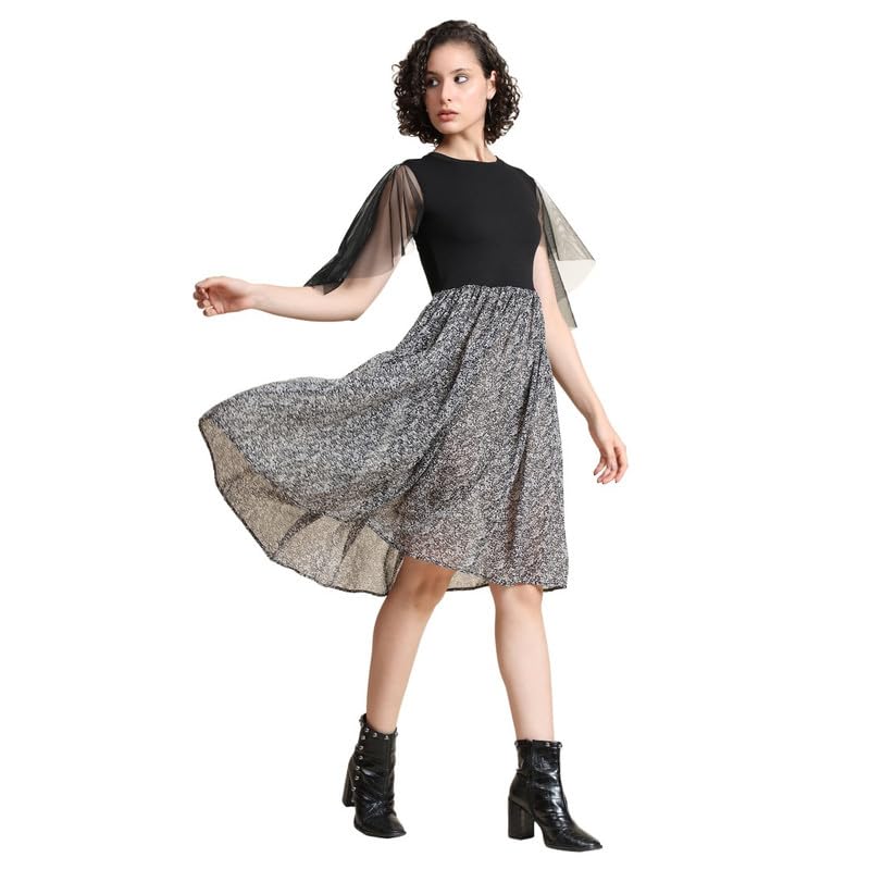 Toochki Women's Black Georgette/Lycra Textured Print Fit & Flared Western Dress | Dress For Women | A Line Dress | Winter Dress | Western Dress | Latest Women Dress | Trendy Dress | Midi Dress