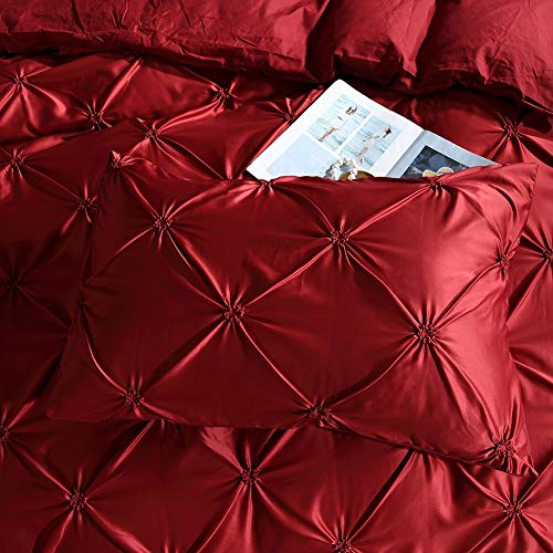 Miss Cora Pintuck Duvet Cover Set Silk Like Satin, Bedding Pinch Pleated Ruffle Design Silky Microfiber Bedding Sets 8 Colors-Red, Queen #TOP6
