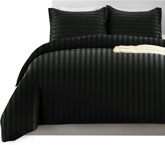 Imperial Rooms Duvet Cover Sets  Stripes Satin Quilt Cover Bedding Sets with Pillowcase, Reversible Ultra Soft Hypoallergenic Microfiber Bed Covers (Black, Super King)
