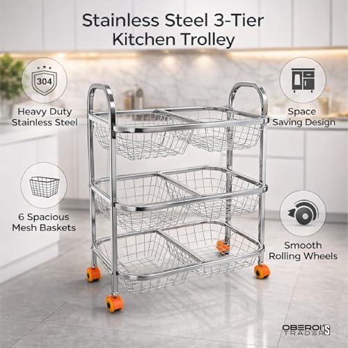 Image of OBEROI'S TRADERS Stainless Steel Vegetable & Fruit Storage Rack with Wheels, Kitchen Storage Basket Organizer, Rust Proof Stand for Onion, Potato, Fruits & Vegetables Trolley (3 Rack with 6 Partition)