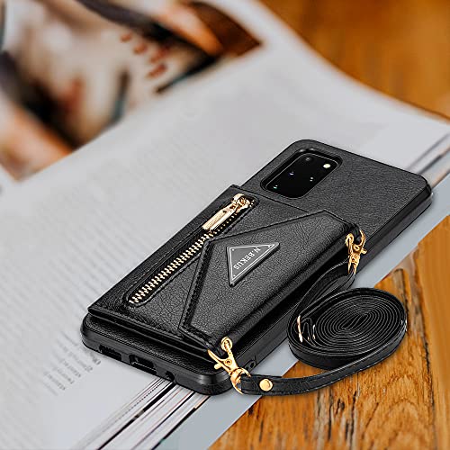 Kudex Samsung Galaxy S20 Fe 5G Crossbody Wallet Case,Galaxy S20 Fe Wallet Case With Card Holder For Women,Leather Magnetic Zipper Purse Back Case With Card Slot Kickstand Shoulder Strap(Black) #TOP3