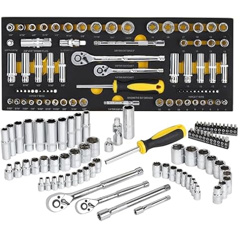 Topline 79-Piece 1/4” & 3/8”Drive Impact Socket Wrech Set, 6-Point Socket Set, Metric, SAE CR-V Sockets with EVA Foam Tray for Bench Storage, Deep & Standard Mechanic Tool Set for Home Maintenance Cover