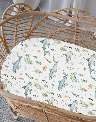 Image of Bassinet Sheets for Baby Girls Boys 2 Pack, Fitted Baby Mattress Sheet for Rectangle, Oval, Hourglass Bassinet Mattress, Breathable Cozy & Universal Fit (Turtle & Shark, Bassinet Sheet)