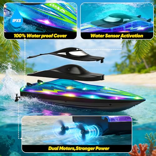 Eterfun RC Boat with LED Lights - 2Pack 14Inch Remote Control Boat for Kids and Adults, 2.4Ghz Fast RC Boats 15 KPH for Lakes & Pools with 4 Rechargeable Battery, Summer Toys Gifts for Kids Age 8-12 - Thumbnail 3