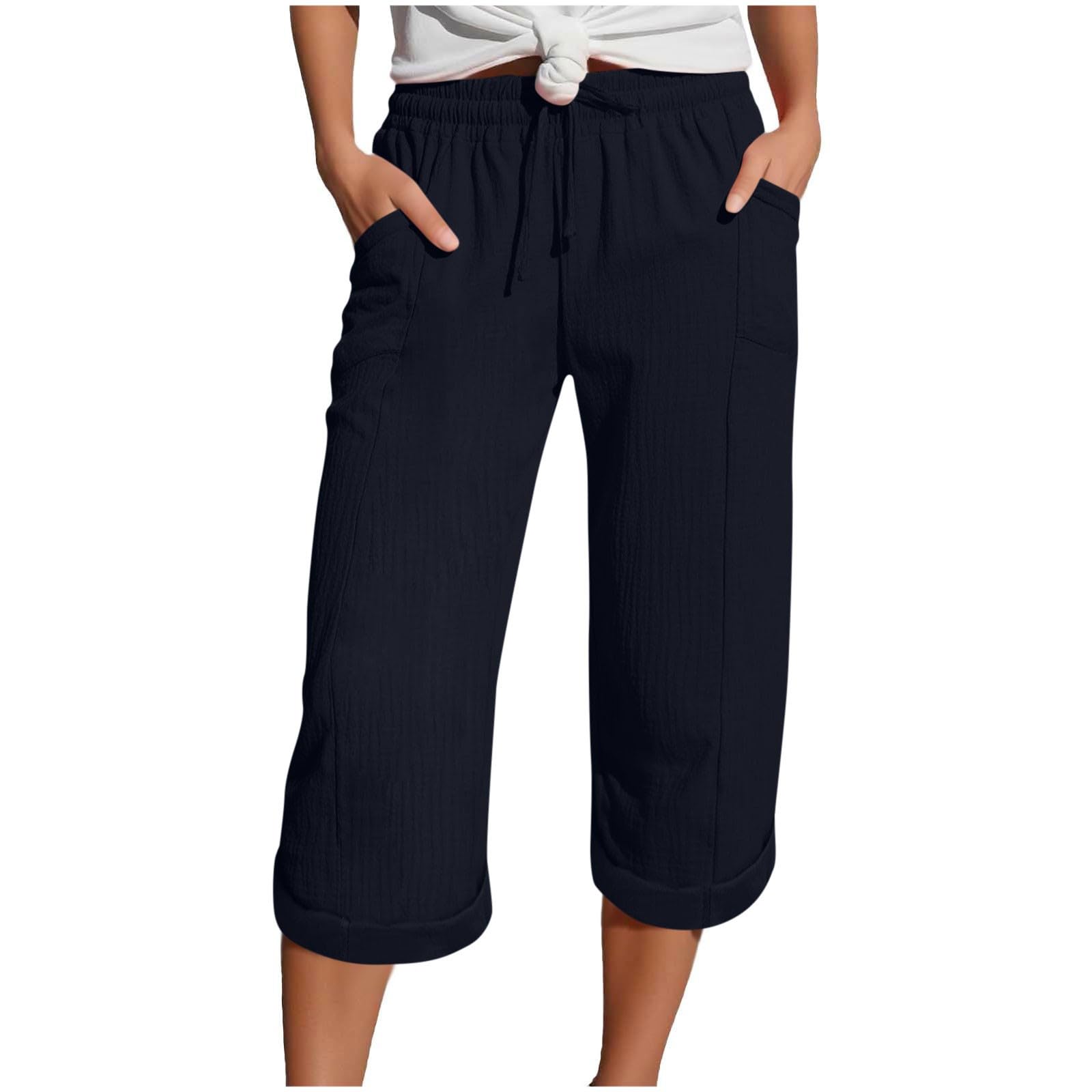 YBEBEWE Sommerhose Damen Leicht Leinenhose Damen Sommer 3/4 Musselin Kurze Hose Leicht Leinen Sommerhose Mit Taschen Causal Caprihose Elastische Bequeme Stoffhose Sport Freizeit Strandhose