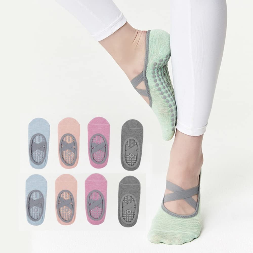 POKEAT 5Pair Women's Non Slip Ballet Dance Sock Silicone Yoga Socks Ladies Cross Straps Pilates Cotton Sports Socks