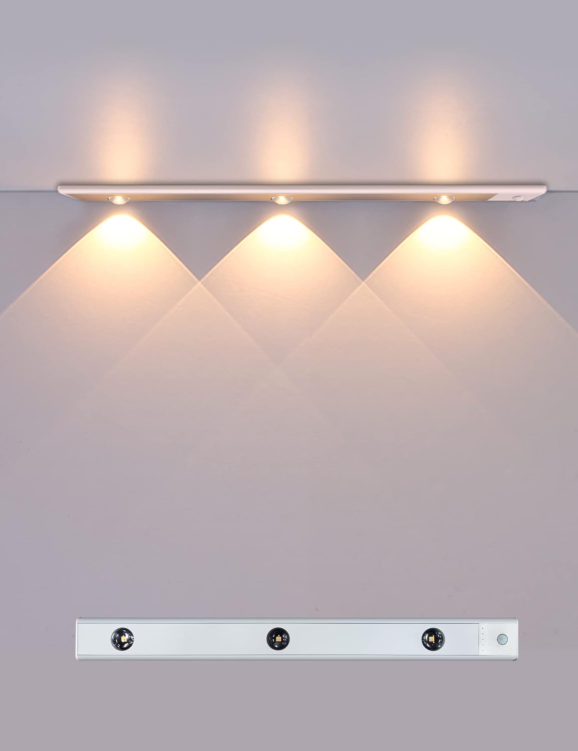 Long Size Under Cabinet Lights Sensor Light Indoor USB Rechargeable 3 Light Modes Stepless Dimming for Closet Cabinet Kitchen with Display Mode (Sliver, 3 Beads/1 Pack)