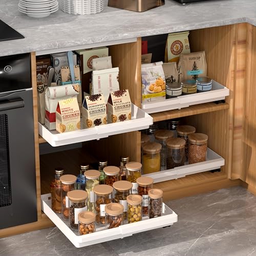 4 Pack Pull Out Cabinet Organizers Expandable (11.6''-17.5''), Plastic Slide Out Drawers for Kitchen, Bathroom, Pantry, Under Sink Storage, Pull Out Drawers Fixed with Adhesive Nano Film (White)