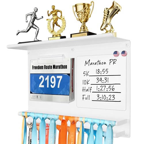 Image of Running Medal Hanger Display with Trophy Shelf, Race Bib Holder and Whiteboard, 2-Bar Medal Holder for 50+ Medals with Flag Magnets, Marker, Wall Mounted, White
