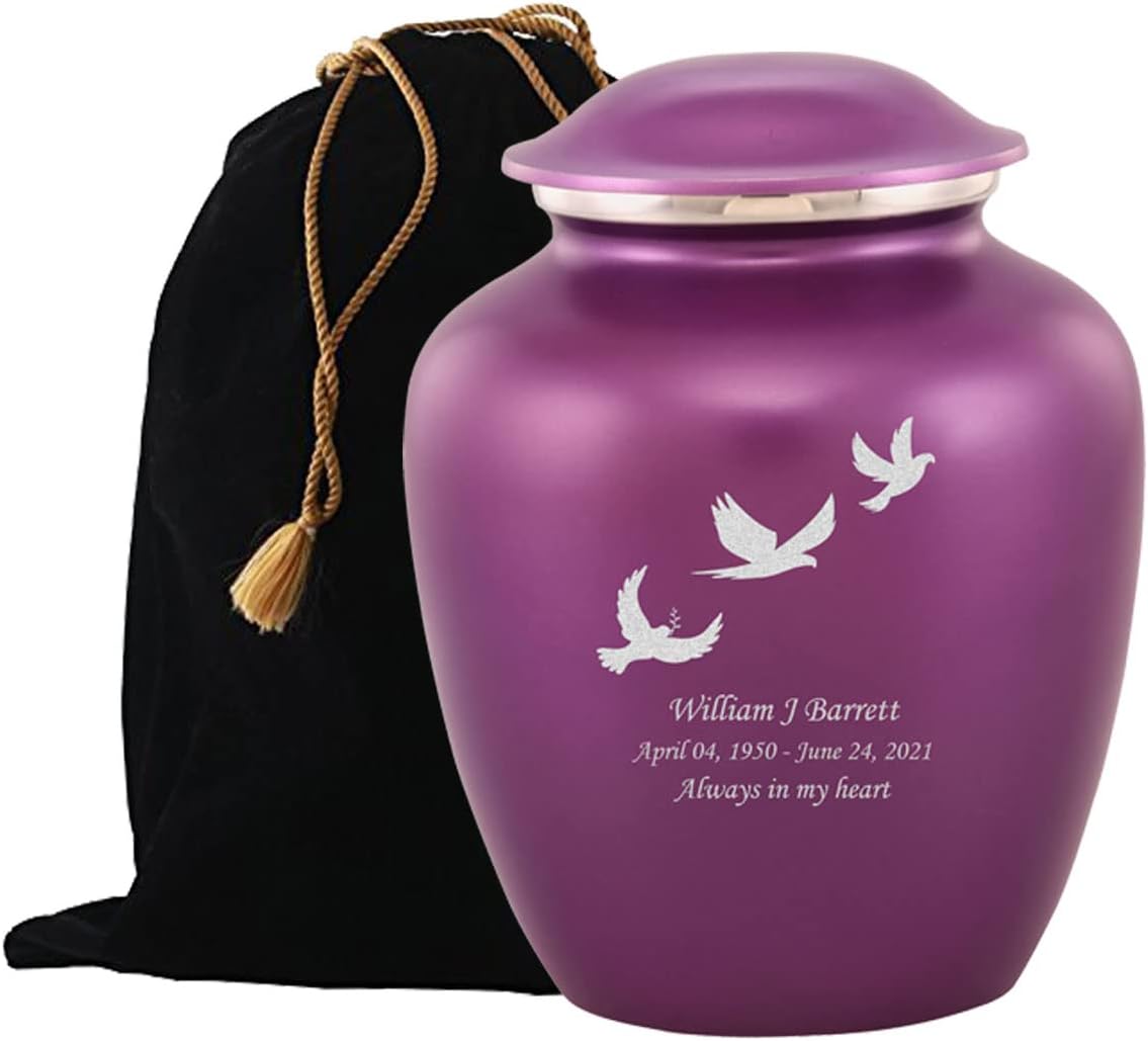 Exquisiteurn's Grace Cremation Urn - Purple Color Adult Cremation Urn - Handcrafted Funeral Urn for Ashes - Metal Cremation Urn with Vinyl Emblem - Great Deal Free Velvet Bag (Flying Bird)