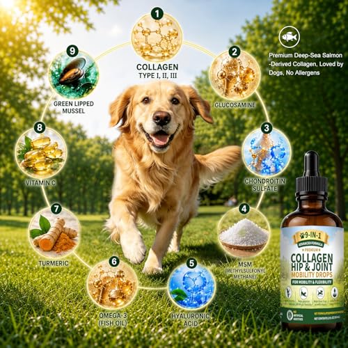 Collagen for Dogs,Dog Hip and Joint Supplement,9-in-1 Liquid Collagen Types I,II & III,Joint Pain Relief for Dogs,Recover Normal State,Repair Skin,Coat,Salmon Flavor Easily Accepted,No Allergens,60ML — view 3