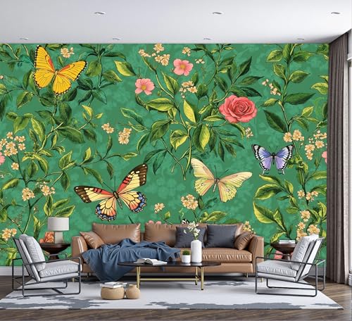Tapisserie murale vert foncé haut de gamme effet 3D fleurs rétro 200x140cm - 6
