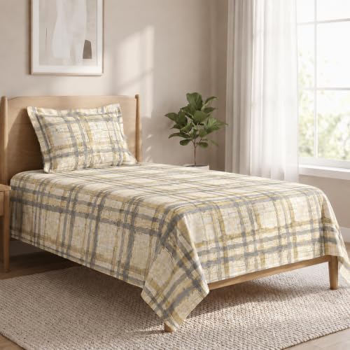 Image of LANE LINEN Symphony | 100% Cotton Sheet Set | Soft & Breathable Fabric | 2 Piece (1 Bedsheet + 1 Pillow Cover) | Single Bed Sheet Set - Yellow & Grey Linear Grid