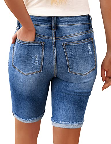 Luvamia Women Casual High Waisted Cuffed Hem Denim Jeans Short Distressed Bermuda Shorts Cool Classic Size Large #TOP1