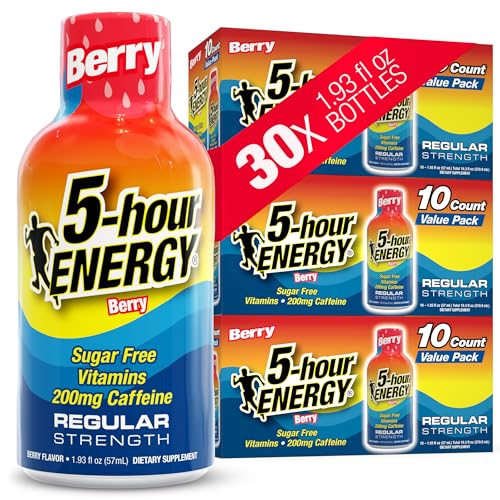 5-hour ENERGY Berry Flavor, 30 Count, 1.93 Fl Oz Energy Shot, Regular Strength, Amino Acids, B Vitamins, Sugar Free and Zero Calories