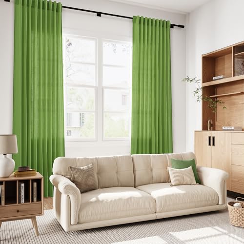 Image of Nanspring Lime Green Linen Blend Light Filtering Back Tab Curtains 102 Inches Long, Semi Sheer Privacy Drapes for Living Room & Bedroom, 52x102 inch, 2 Panels